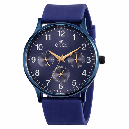 ONEX Men's Multifunction Analog Watch | Blue Dial with Day-Date Display | Blue Silicone Strap | Stylish Casual & Formal Wrist Watch for Men