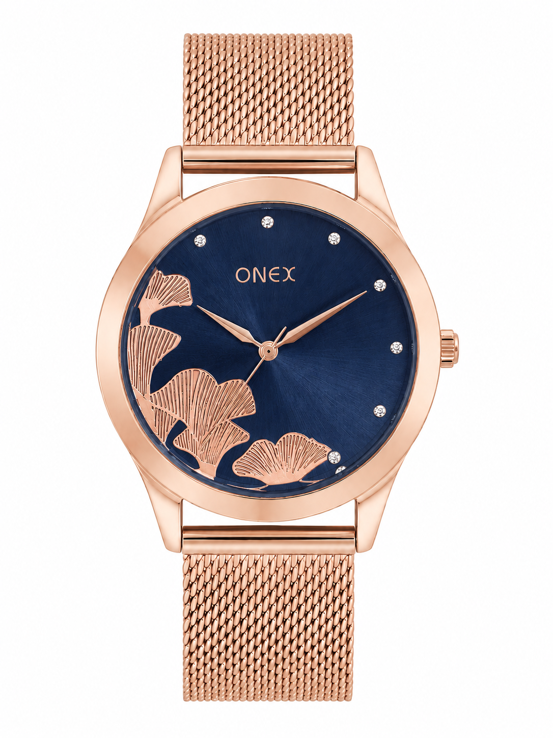 ONEX Women's Rose Gold Mesh Strap Analog Watch with Crystal Hour Markers & Elegant Floral Sunray Blue Dial