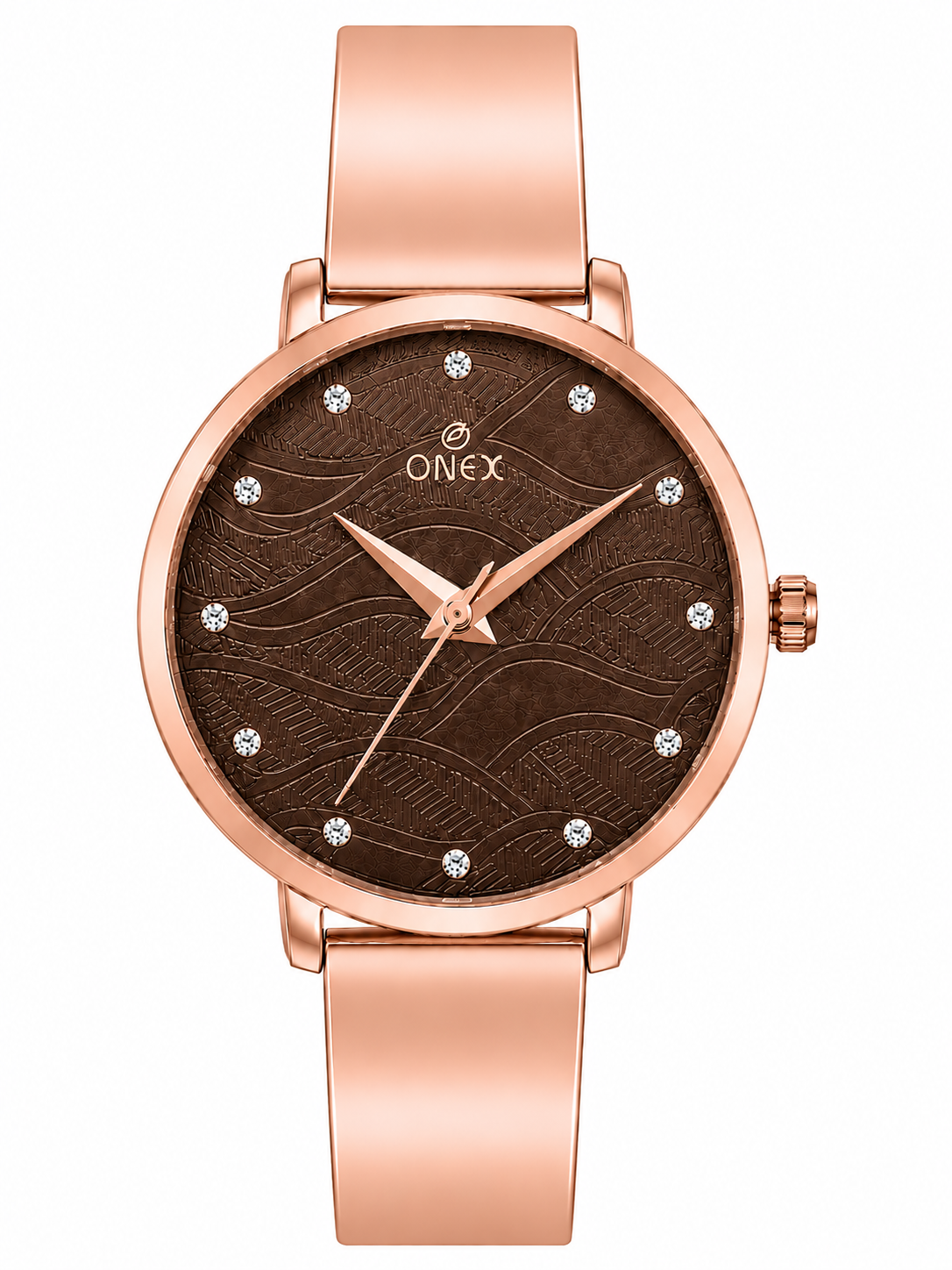 ONEX Women's Rose Gold Stainless Steel Analog Watch | Textured Brown Dial with Crystal Hour Markers | Elegant Bracelet Strap | Fashion Wrist Watch for Women