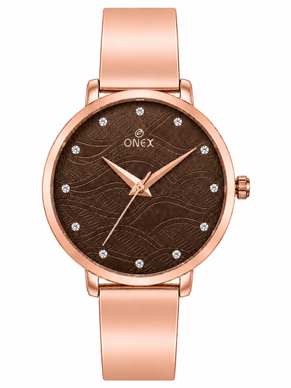 ONEX Women's Rose Gold Stainless Steel Analog Watch | Textured Brown Dial with Crystal Hour Markers | Elegant Bracelet Strap | Fashion Wrist Watch for Women