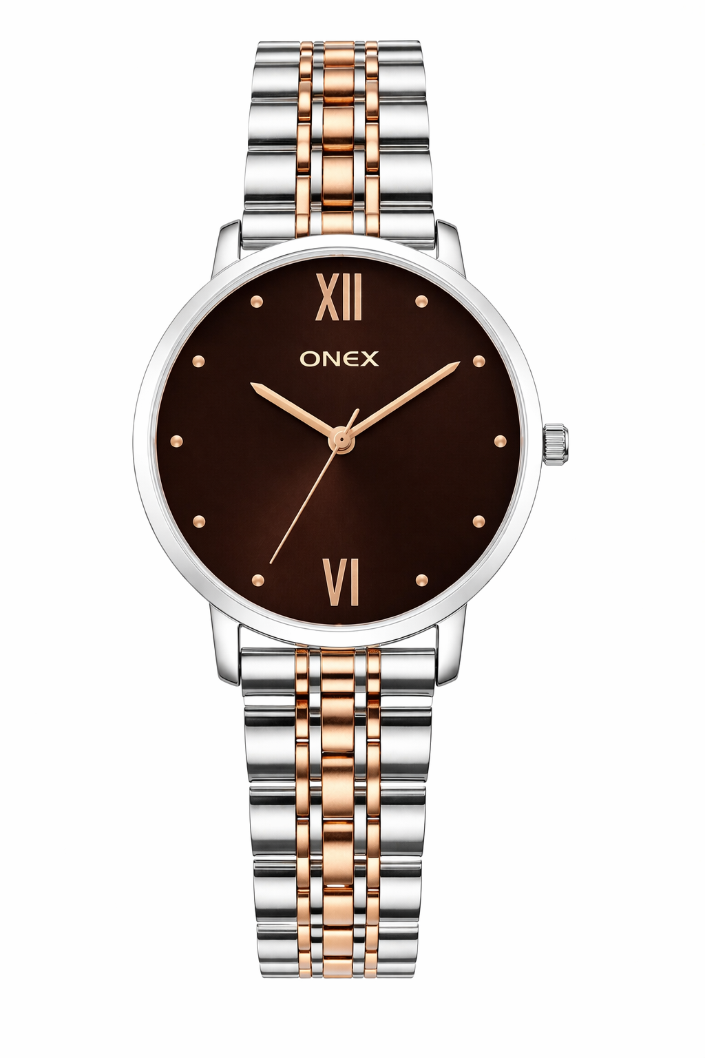 ONEX Women's Analog Wrist Watch for women | Two Tone Stainless Steel Bracelet Strap | Brown Sunray Dial | Premium Casual & Formal Watch