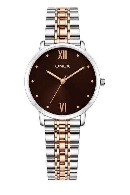 ONEX Women's Analog Wrist Watch for women | Two Tone Stainless Steel Bracelet Strap | Brown Sunray Dial | Premium Casual & Formal Watch