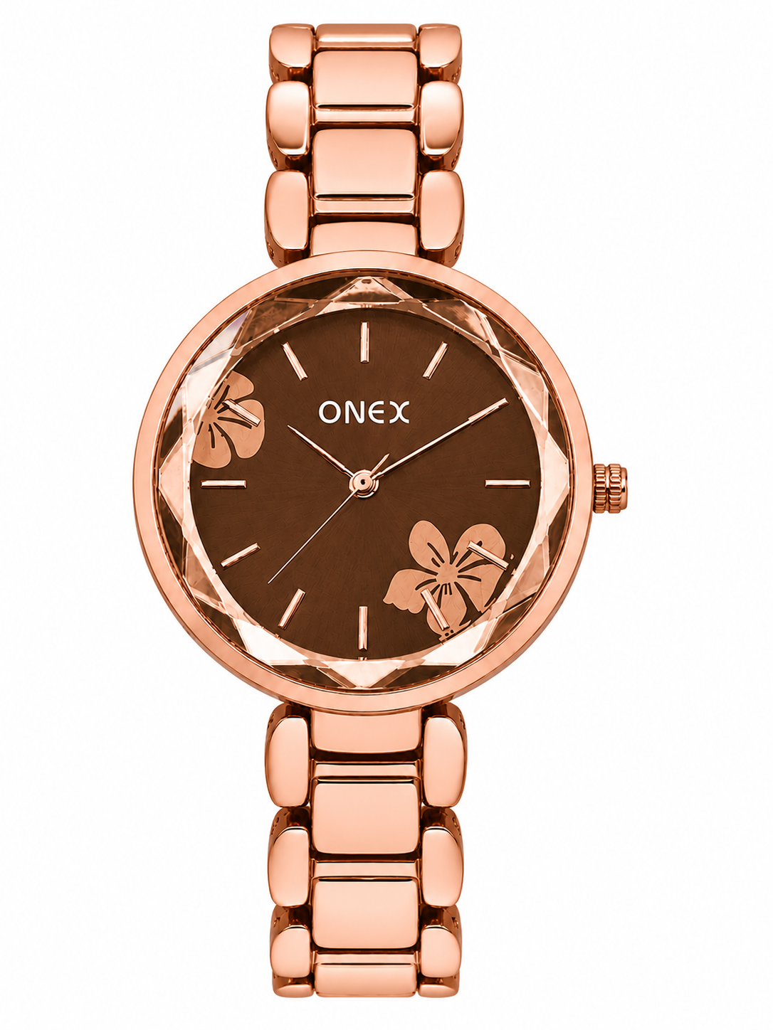 ONEX Women's Rose Gold Analog Watch | Floral Sunray Brown Dial | Premium Bracelet Strap | Quartz Movement | Elegant Dress Watch