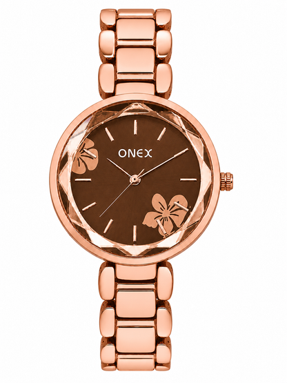 ONEX Women's Rose Gold Analog Watch | Floral Sunray Brown Dial | Premium Bracelet Strap | Quartz Movement | Elegant Dress Watch