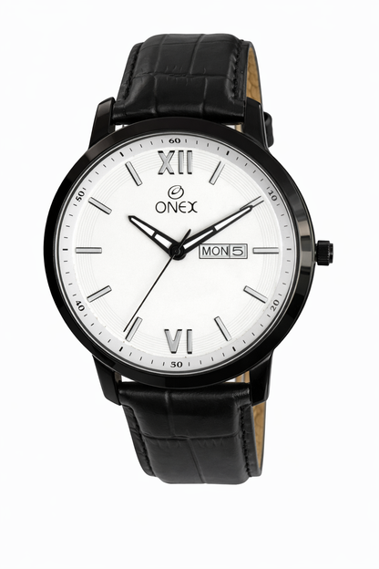 ONEX Men's Day & Date Analog Watch – White Dial, Black Case & Black Leather Strap