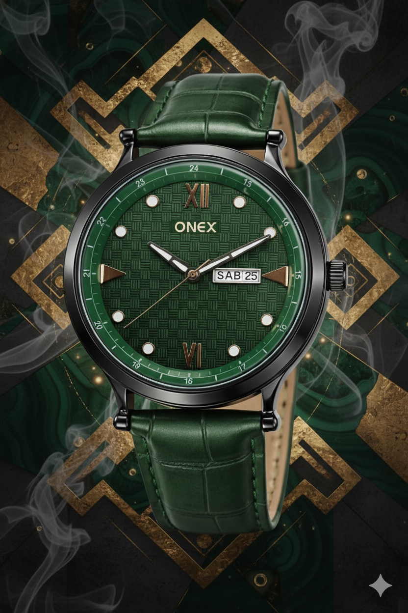 ONEX Men’s Analog Watch with Day & Date Display, Green Textured Dial, Green Leather Strap, Roman Index – Stylish Formal Wrist Watch for Men