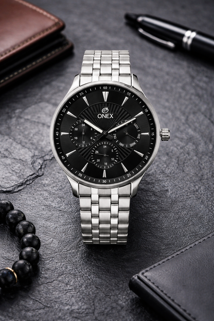 ONEX Men's Premium Multifunction Analog Watch for Men | Black Sunray Dial | Silver Stainless Steel Bracelet | Quartz Movement | Stylish Casual & Formal Wrist Watch
