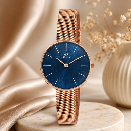ONEX Women’s Rose Gold Analog Watch with Minimalist Dial & Mesh Metal Strap