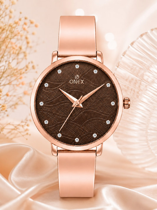 ONEX Women's Rose Gold Stainless Steel Analog Watch | Textured Brown Dial with Crystal Hour Markers | Elegant Bracelet Strap | Fashion Wrist Watch for Women