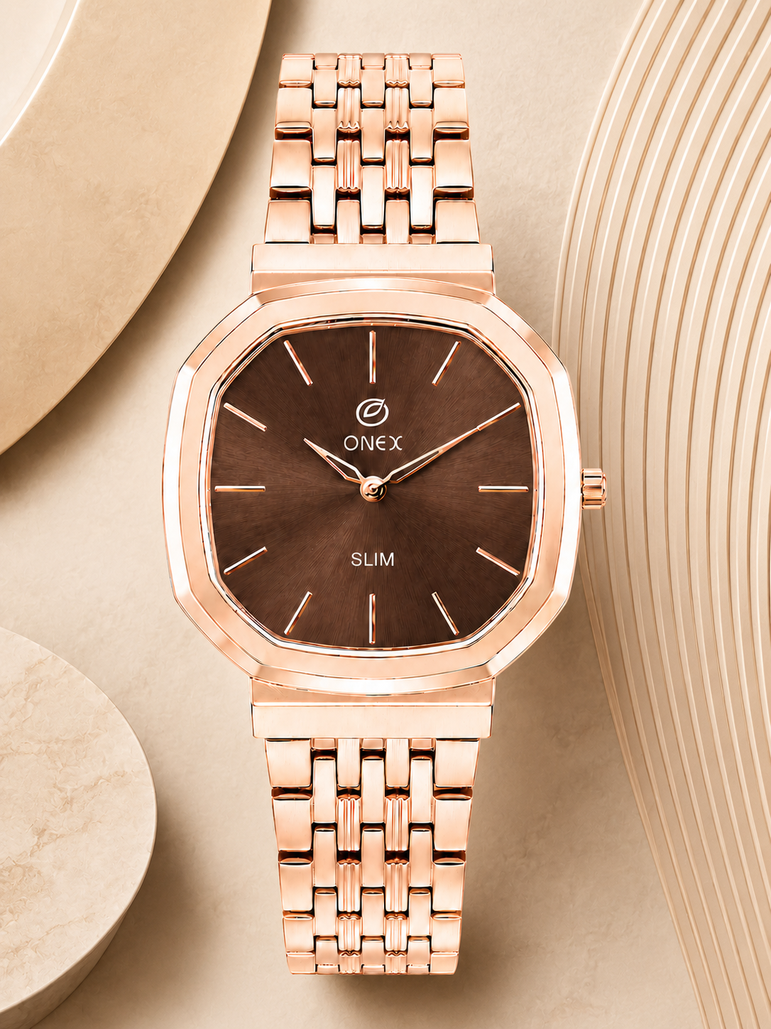Onex Slim Rose Gold Stainless Steel Analog Watch for Women | Brown Sunray Dial | Elegant Bracelet Strap