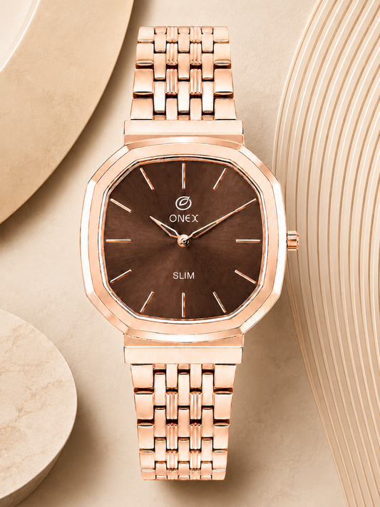 Onex Slim Rose Gold Stainless Steel Analog Watch for Women | Brown Sunray Dial | Elegant Bracelet Strap