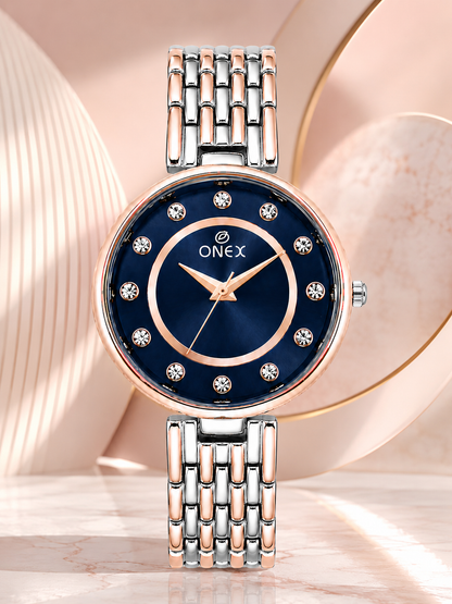 Onex Women’s Blue Analog Watch with Crystal Studded Dial & Dual Tone Bracelet Strap
