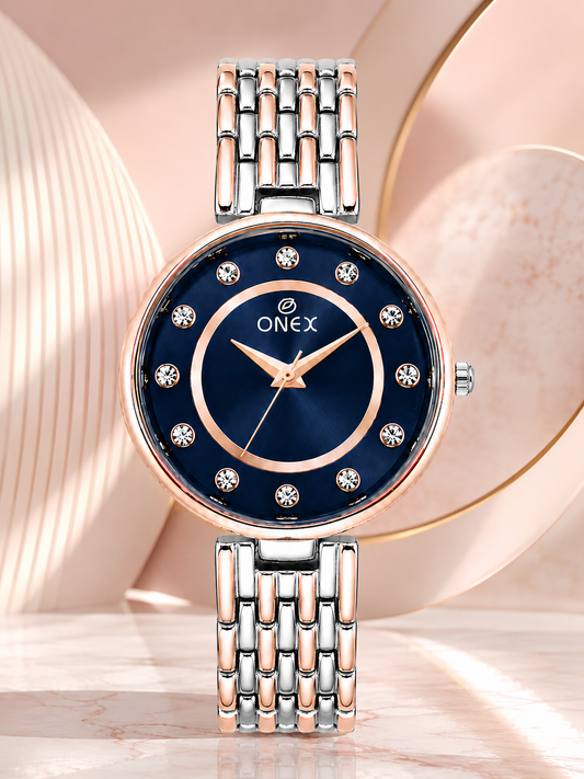 Onex Women’s Blue Analog Watch with Crystal Studded Dial & Dual Tone Bracelet Strap