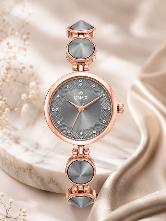 Onex Women’s Rose Gold Designer Bracelet Watch with Grey Textured Dial