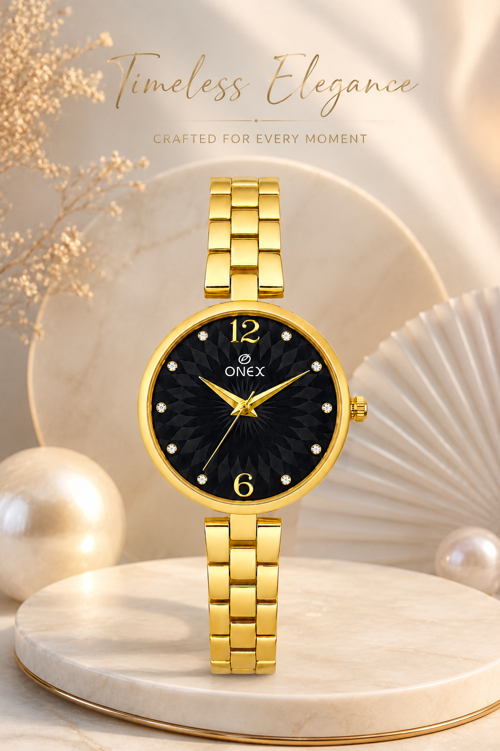 ONEX Women’s Gold-Tone Designer Bracelet Watch with Crystal Studded Dial Black