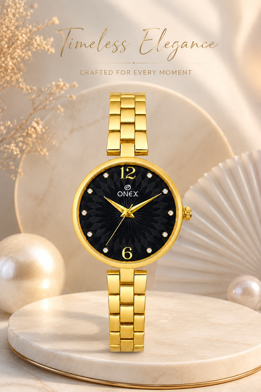 ONEX Women’s Gold-Tone Designer Bracelet Watch with Crystal Studded Dial Black