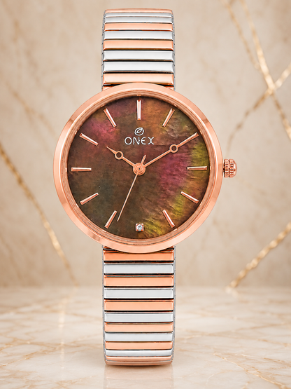 Onex Women’s Rose Gold Brown Pearl Dial Slim Bracelet Watch