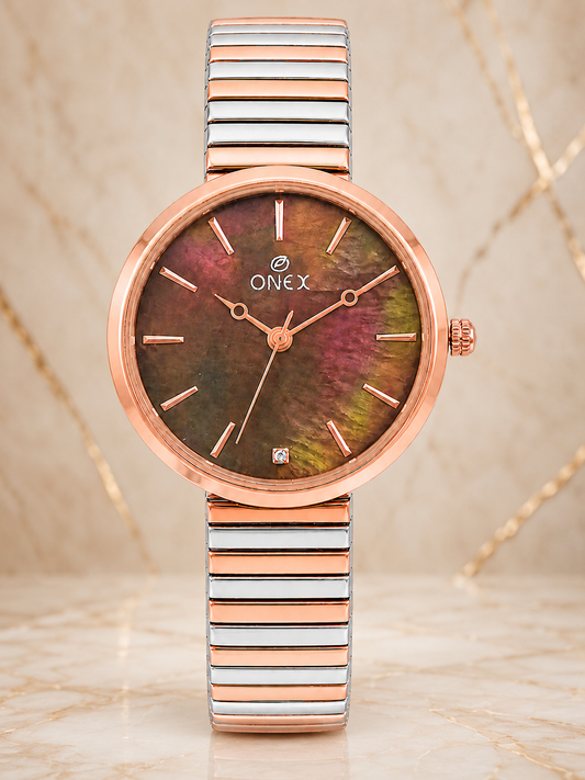 Onex Women’s Rose Gold Brown Pearl Dial Slim Bracelet Watch