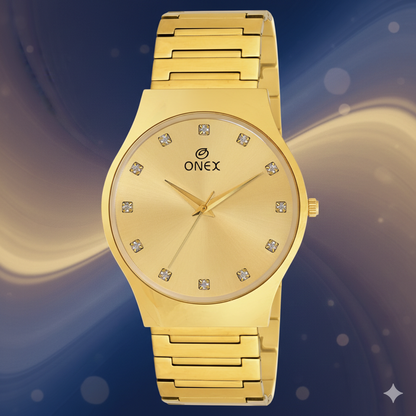 ONEX Premium Gold-Tone Analog Watch with Gold Sunray Dial & Crystal Hour Markers