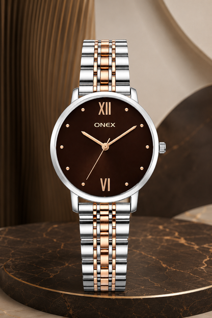 ONEX Women's Analog Wrist Watch for women | Two Tone Stainless Steel Bracelet Strap | Brown Sunray Dial | Premium Casual & Formal Watch