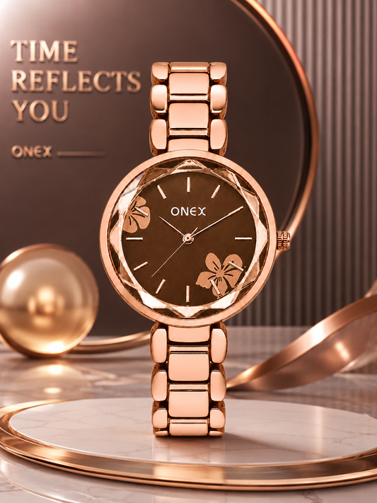 ONEX Women's Rose Gold Analog Watch | Floral Sunray Brown Dial | Premium Bracelet Strap | Quartz Movement | Elegant Dress Watch
