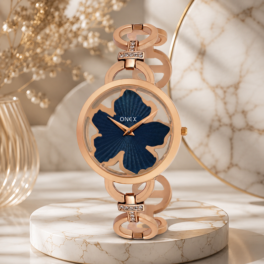 ONEX Rose Gold Women’s Bracelet Watch with Dark Green Textured Dial & Crystal Accents