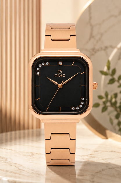 ONEX Rose Gold Square Dial Analog Watch for Women | Crystal Accent Dial | Metal Strap