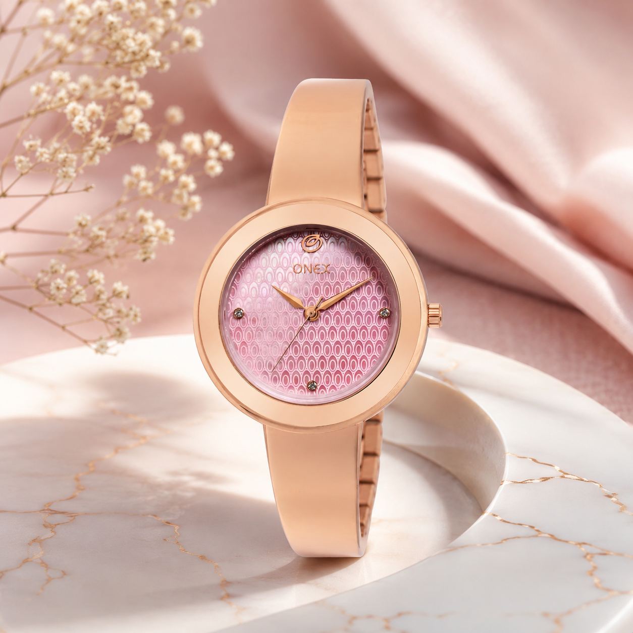 OneX Premium Rose Gold Analog Watch | Crystal-Studded Dial & Metal Bracelet