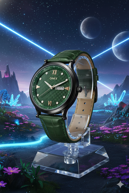 ONEX Men’s Analog Watch with Day & Date Display, Green Textured Dial, Green Leather Strap, Roman Index – Stylish Formal Wrist Watch for Men