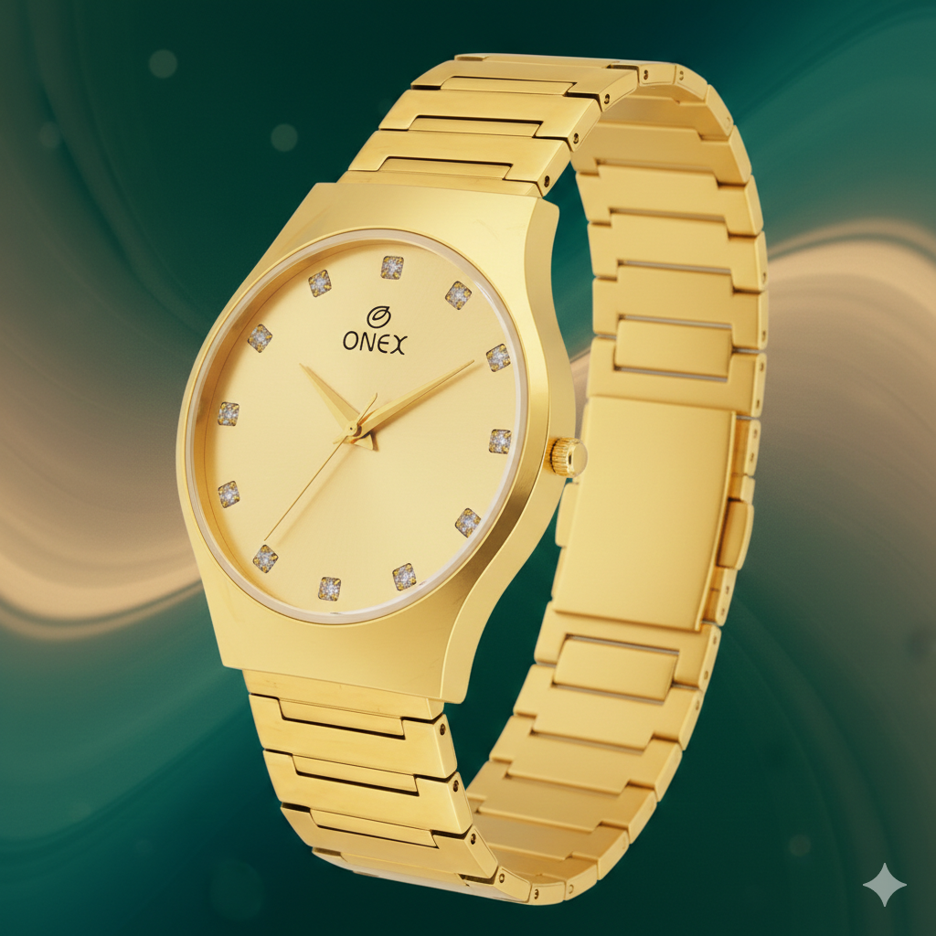 ONEX Premium Gold-Tone Analog Watch with Gold Sunray Dial & Crystal Hour Markers