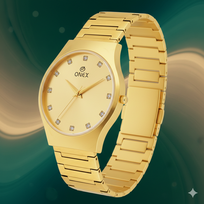 ONEX Premium Gold-Tone Analog Watch with Gold Sunray Dial & Crystal Hour Markers