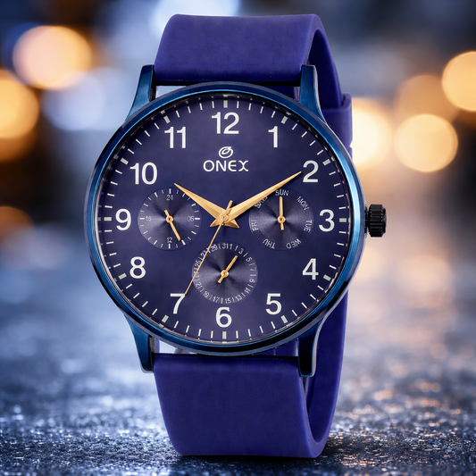 ONEX Men's Multifunction Analog Watch | Blue Dial with Day-Date Display | Blue Silicone Strap | Stylish Casual & Formal Wrist Watch for Men