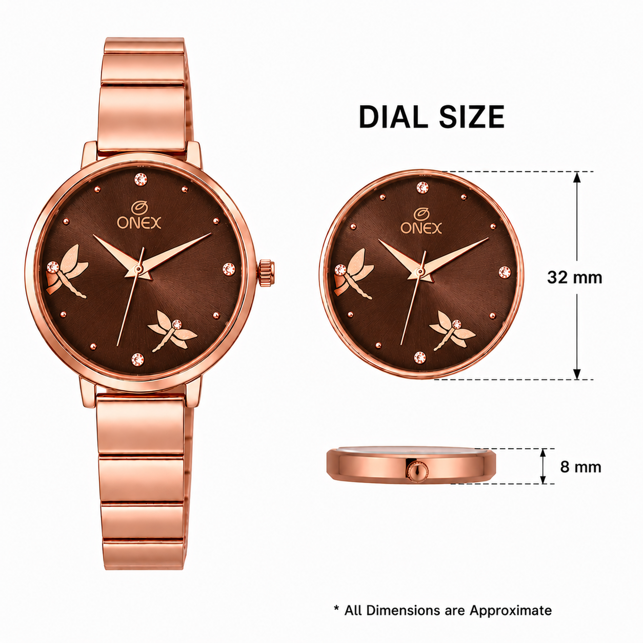 Onex Women’s Rose Gold Bracelet Watch with Crystal Markers & Dragonfly Dial