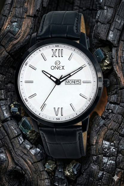 ONEX Men's Day & Date Analog Watch – White Dial, Black Case & Black Leather Strap