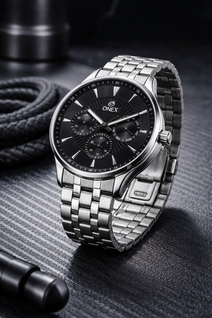 ONEX Men's Premium Multifunction Analog Watch for Men | Black Sunray Dial | Silver Stainless Steel Bracelet | Quartz Movement | Stylish Casual & Formal Wrist Watch