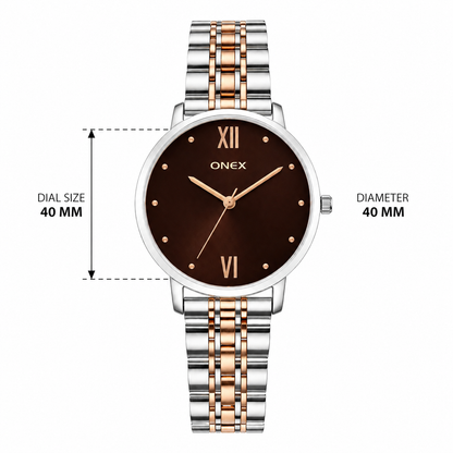 ONEX Women's Analog Wrist Watch for women | Two Tone Stainless Steel Bracelet Strap | Brown Sunray Dial | Premium Casual & Formal Watch