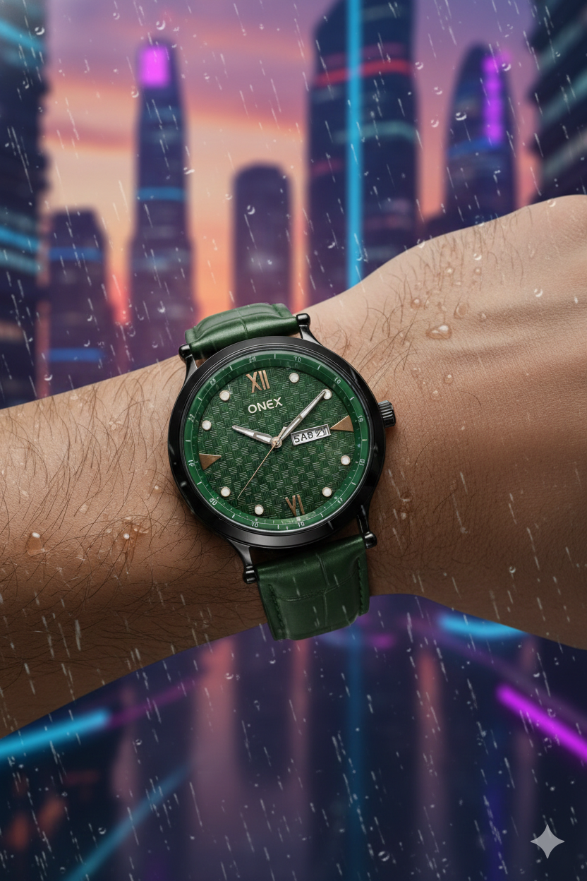 ONEX Men’s Analog Watch with Day & Date Display, Green Textured Dial, Green Leather Strap, Roman Index – Stylish Formal Wrist Watch for Men