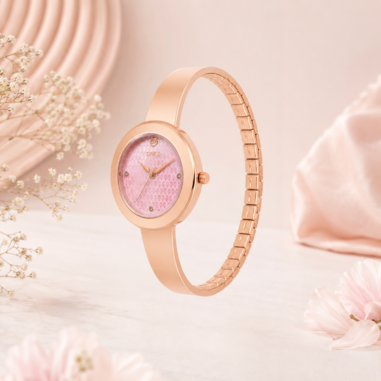 OneX Premium Rose Gold Analog Watch | Crystal-Studded Dial & Metal Bracelet