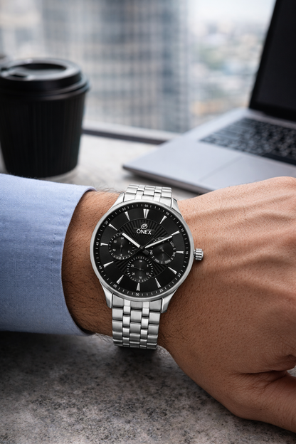 ONEX Men's Premium Multifunction Analog Watch for Men | Black Sunray Dial | Silver Stainless Steel Bracelet | Quartz Movement | Stylish Casual & Formal Wrist Watch