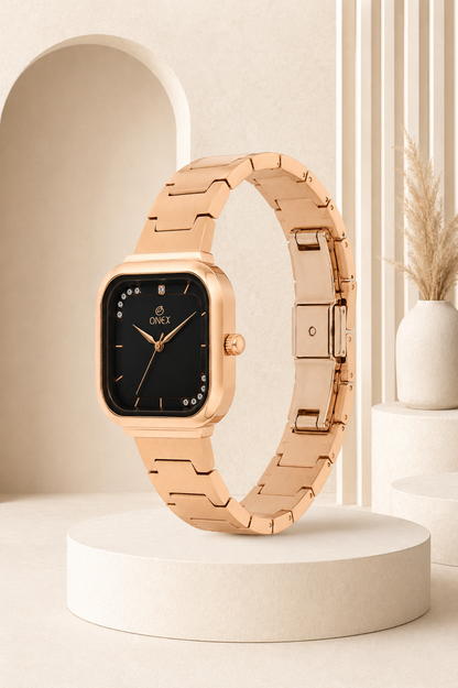 ONEX Rose Gold Square Dial Analog Watch for Women | Crystal Accent Dial | Metal Strap