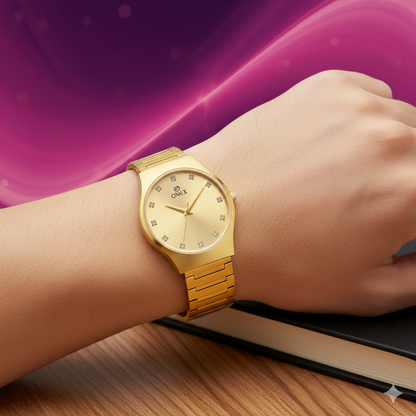 ONEX Premium Gold-Tone Analog Watch with Gold Sunray Dial & Crystal Hour Markers