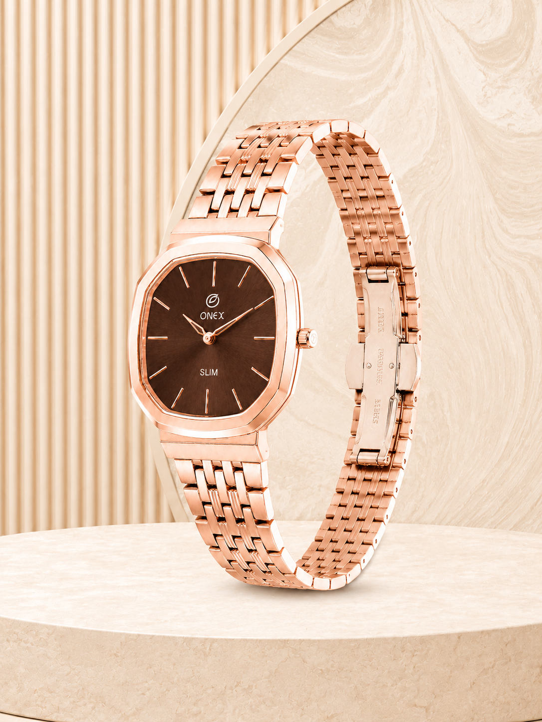 Onex Slim Rose Gold Stainless Steel Analog Watch for Women | Brown Sunray Dial | Elegant Bracelet Strap