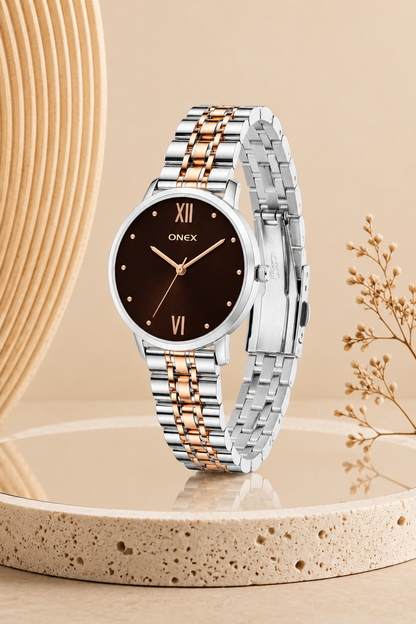 ONEX Women's Analog Wrist Watch for women | Two Tone Stainless Steel Bracelet Strap | Brown Sunray Dial | Premium Casual & Formal Watch