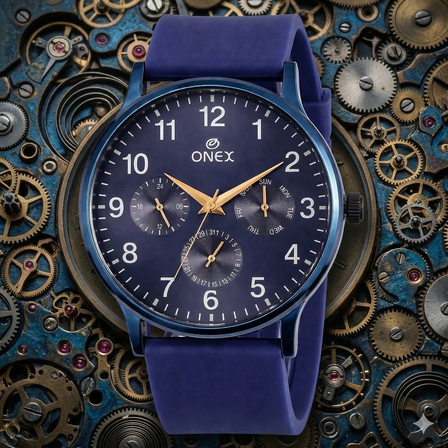 ONEX Men's Multifunction Analog Watch | Blue Dial with Day-Date Display | Blue Silicone Strap | Stylish Casual & Formal Wrist Watch for Men