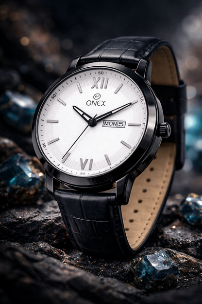 ONEX Men's Day & Date Analog Watch – White Dial, Black Case & Black Leather Strap