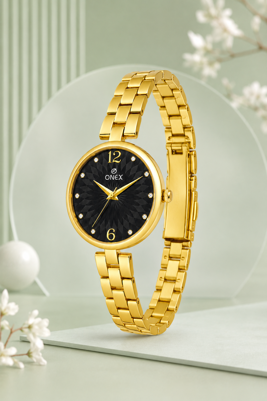 ONEX Women’s Gold-Tone Designer Bracelet Watch with Crystal Studded Dial Black