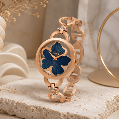 ONEX Rose Gold Women’s Bracelet Watch with Dark Green Textured Dial & Crystal Accents