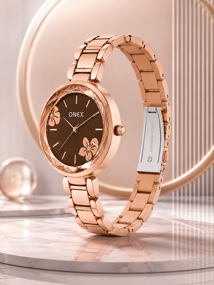 ONEX Women's Rose Gold Analog Watch | Floral Sunray Brown Dial | Premium Bracelet Strap | Quartz Movement | Elegant Dress Watch