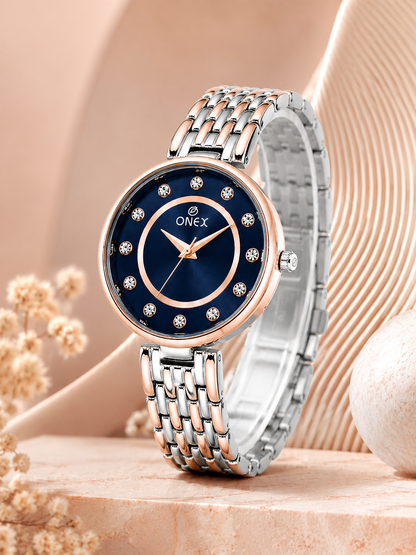 Onex Women’s Blue Analog Watch with Crystal Studded Dial & Dual Tone Bracelet Strap