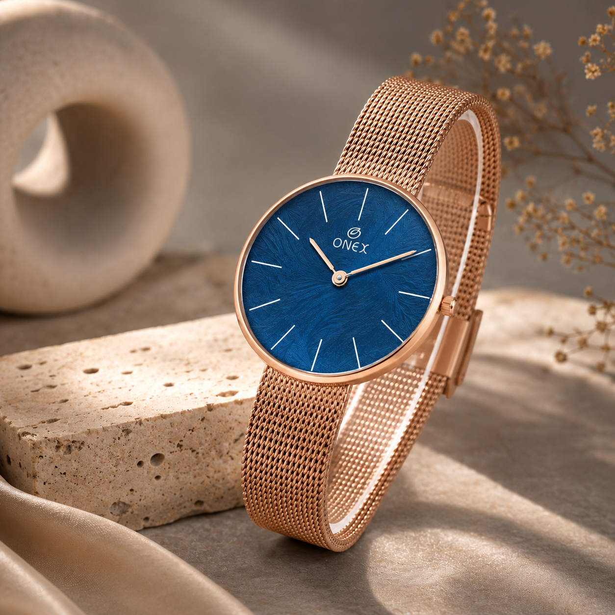 ONEX Women’s Rose Gold Analog Watch with Minimalist Dial & Mesh Metal Strap